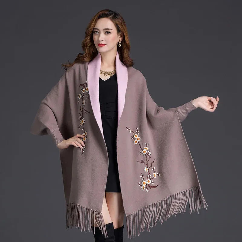 Znbbw Winter Can Wear Shawl Scarf Dual-use Embroidery With Sleeves Wool Cashmere Thick Tassel Cloak Female