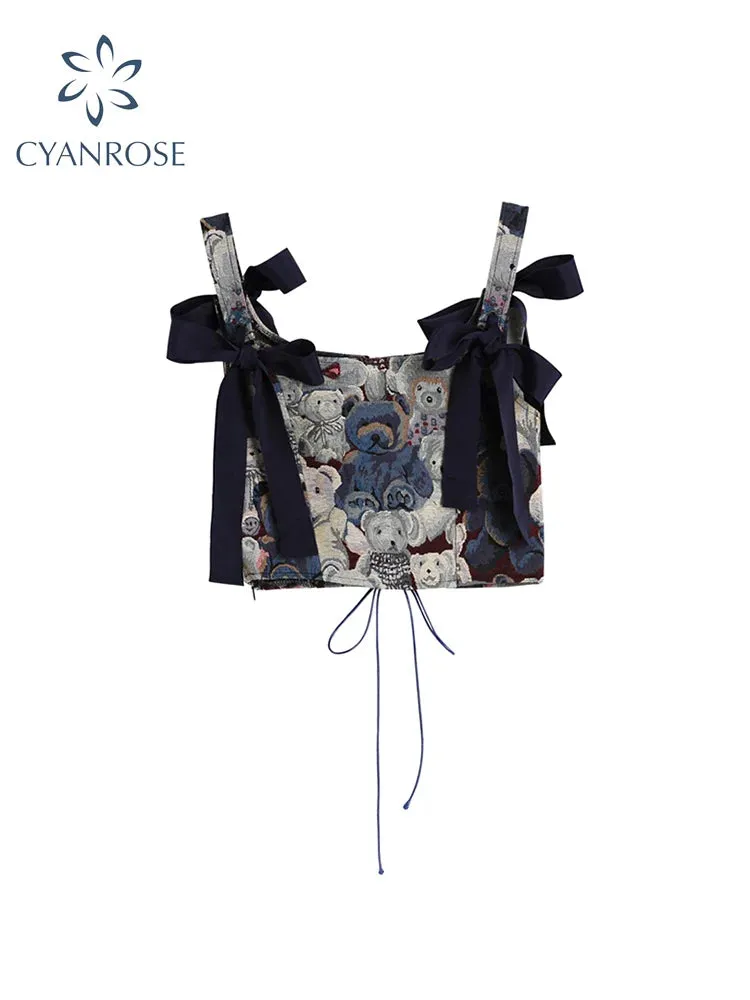 Znbbw 2024 Korean Cute Bear Jacquard Bow Women Suspender Vest Summer Y2K Vintage Casual Sleeveless Off Shoulder Ladies Crop Tops