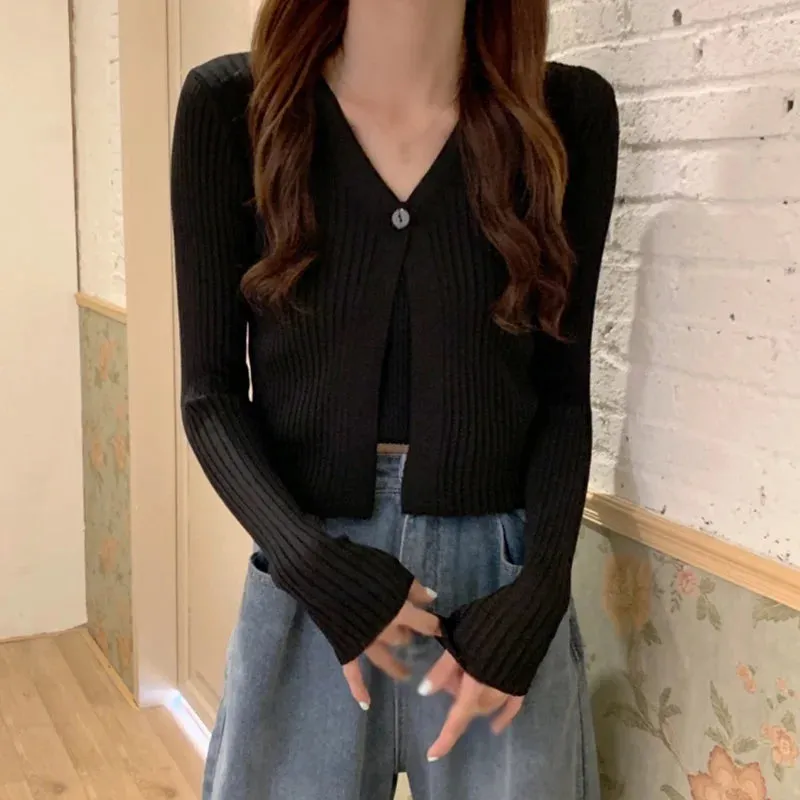 Znbbw Women Korean V Neck Solid Colour Button up Casual Long Sleeves Knitted Cardigan T-shirt