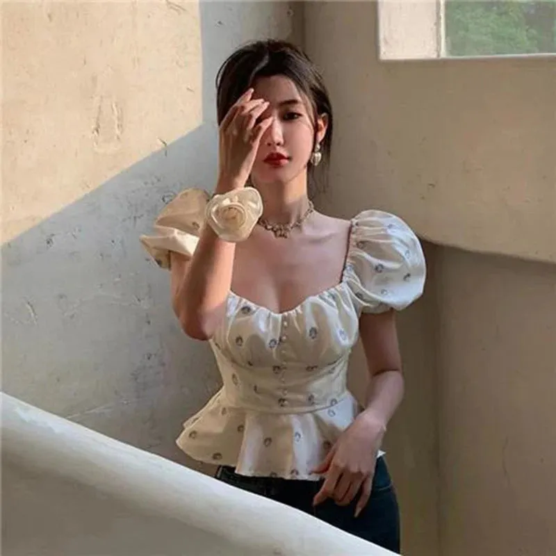 Znbbw Cropped Floral Shirts Women Elegant Ruffles Square Collar Blouses Summer Korean Puff Short Sleeve Print Tunic Crop Tops