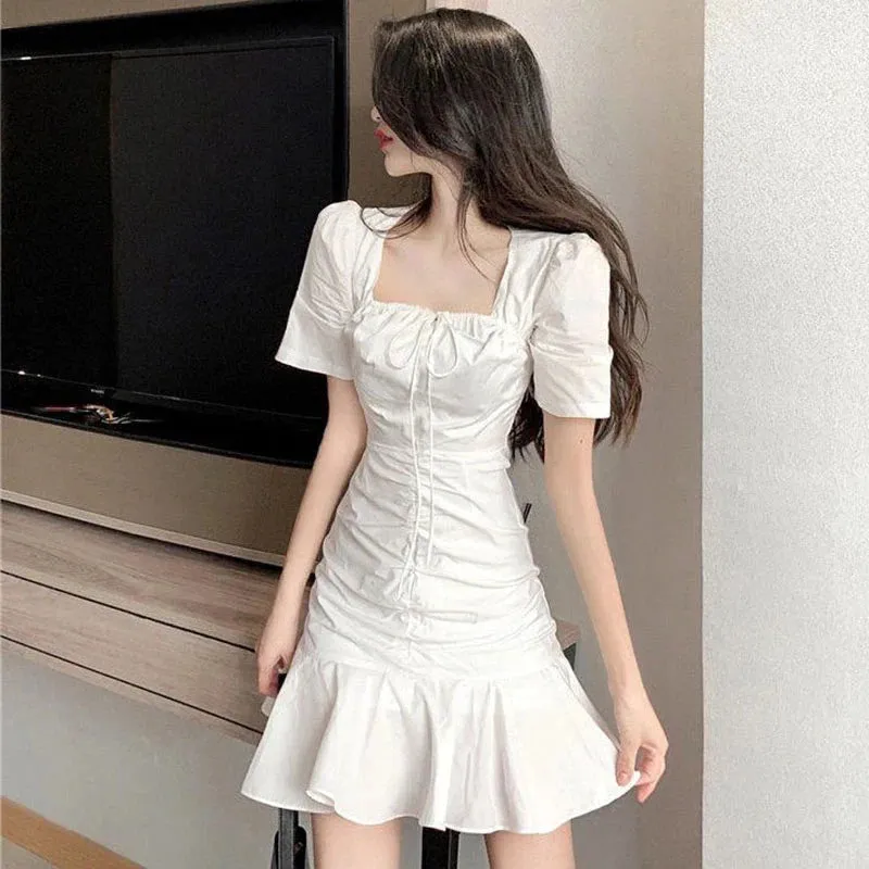 Znbbw Dress Women Korean Square Neck Pleated Ruffle Mini A Line Dresses Summer Streetwear Elegant Slim Mermaid Vestidos Sundress
