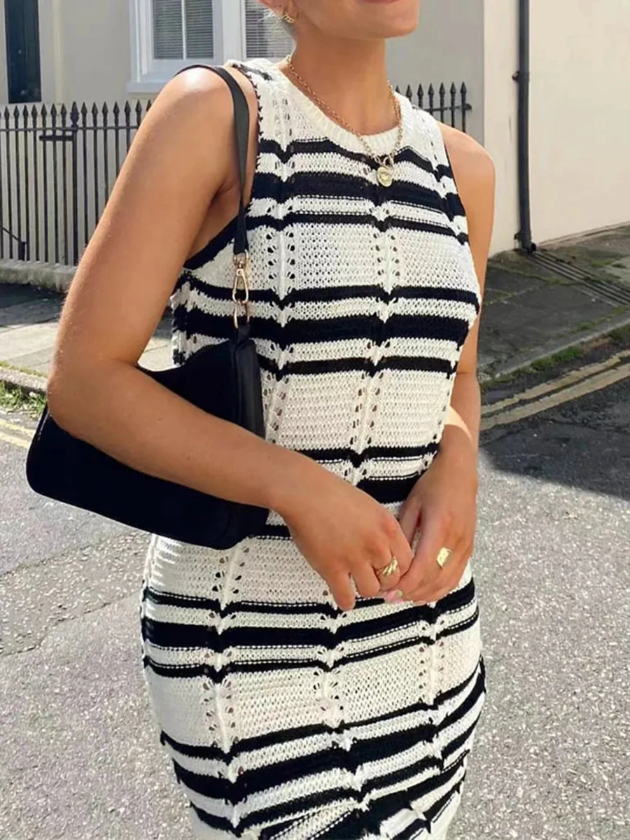 Znbbw Women's Casual Long Dress O-Neck Sleeveless Contrast Color Striped Knitted Summer Slim Fit Holiday Beach Dresses