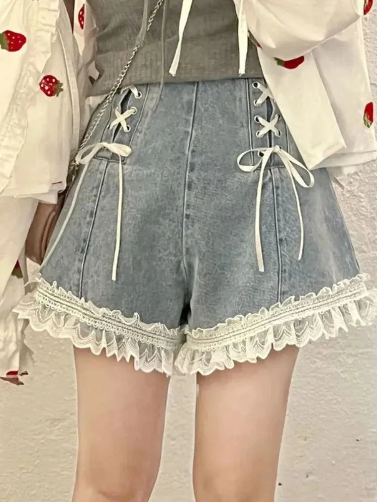 Znbbw Sweet Lace-up Denim Shorts Women Summer Lace Ruched Elegant Jeans Female Korean Fashion Bow Hight Waist Shorts 2024 New
