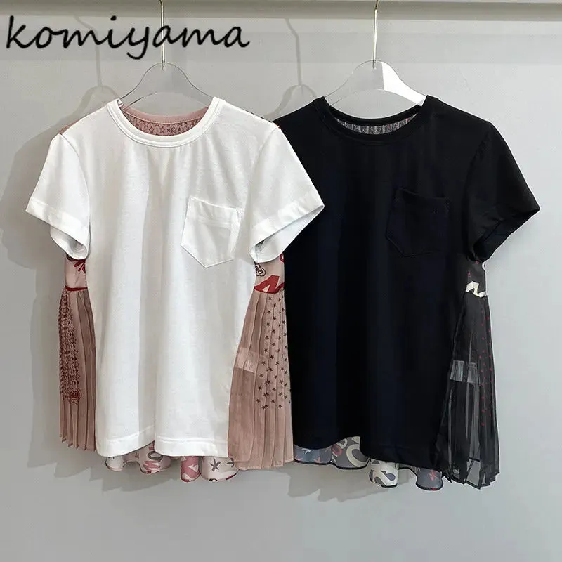 Znbbw 2024 Summer Pleated Printed Tees O Neck Short-sleeved Y2k Tops Loose Casual Ropa Mujer Hit Color Fake Two T Shirt