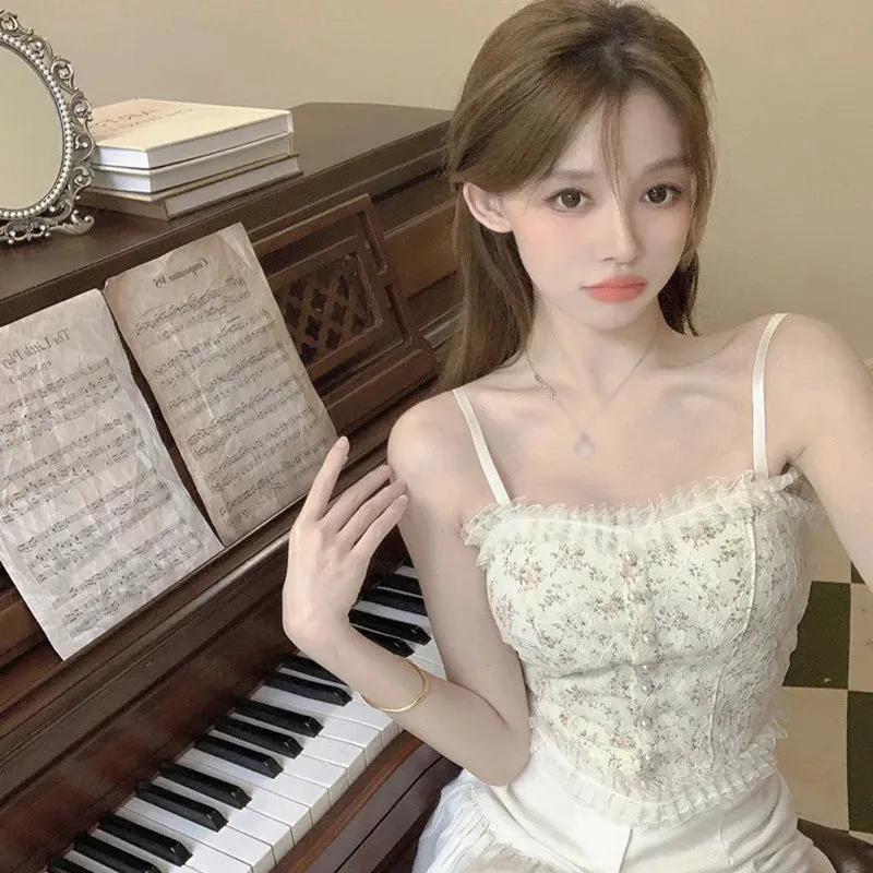 Znbbw Women Lace  Casual T Shirt Spaghetti Strap Sexy Base Shirt Slim Fit Lightweight Pullover Crop Top