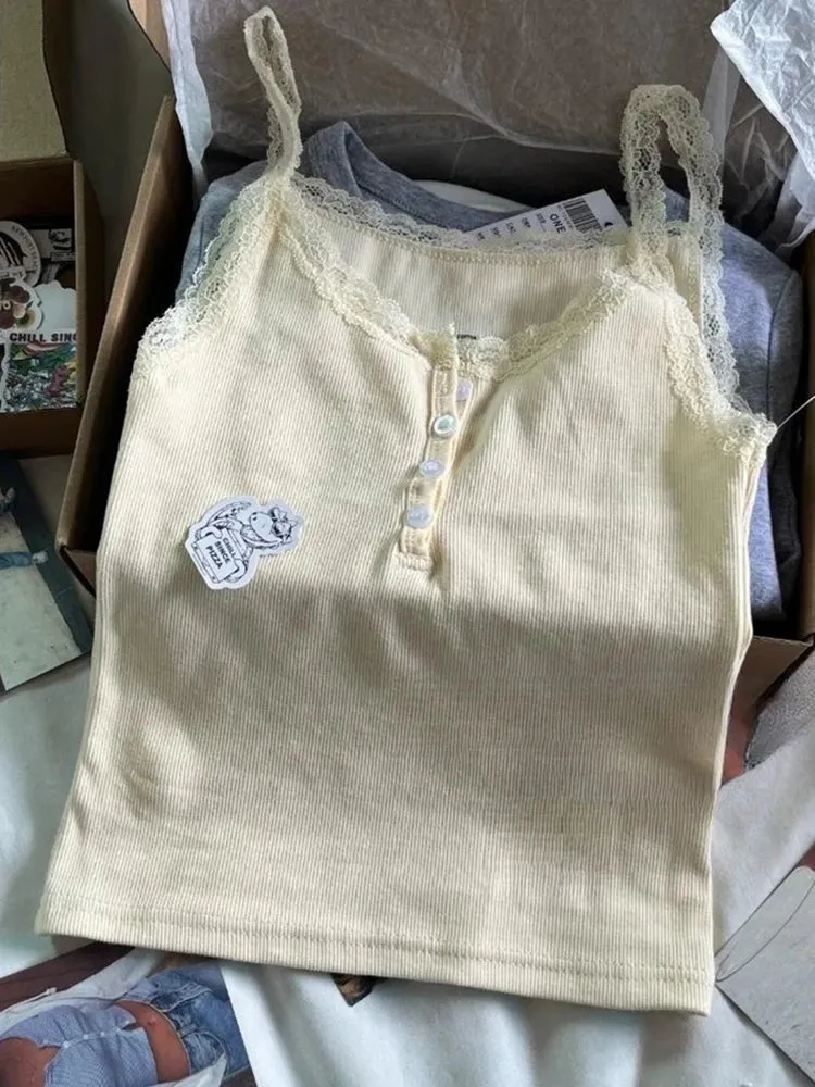 Znbbw Patchwork Button Camisole Women Summer Sweet Ribbed Cotton Sleeveless Tank Tops Cute Fairycore Vintage Slim Crop Top Y2k