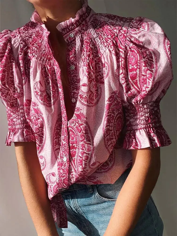 Znbbw Printed Pleated Short Puff Sleeve Blouses Chic Stand Neck Buttons Shirt Fot Women 2024 Spring Summer Lady Ethnic Streetwear