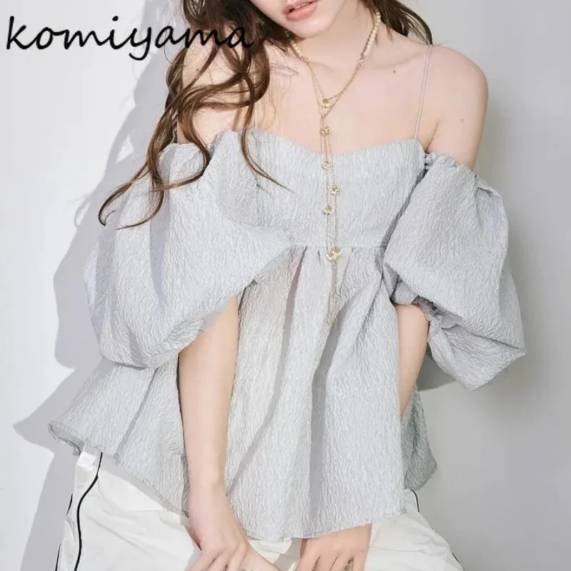 Znbbw Jacquard Shirts & Blouses Puff Short Sleeve Blusas Off Shoulder Camisas 2 Ways Wear Ropa Mujer 2024 Summer Tops