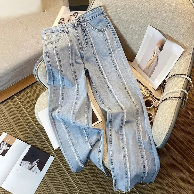Znbbw Vintage Jeans Raw Edge Stitching High Waist Pockets Lady Pantalones Spring Summer Casual Loose All Match Women Clothes