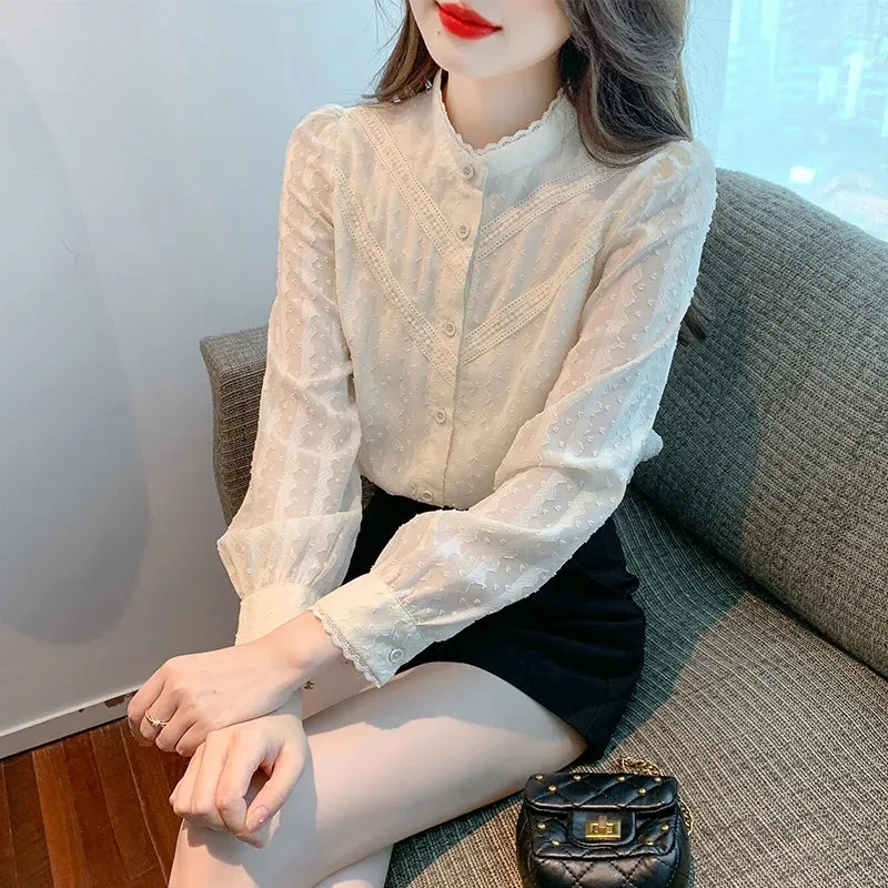 Znbbw Mujer De Moda 2023 New Stand Collar Apricot Chiffon Blouse Shirt Women Tops Shirts Blouses Long Sleeve Blouse Women G421