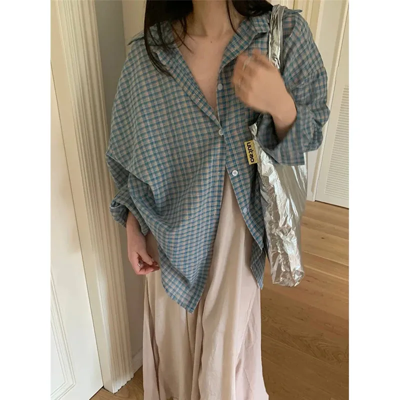 Znbbw Plaid Sun Proof Shirts Women Streetwear Oversized Long Sleeve Blouses Summer Korean Fashion Loose Sun Protection Tops