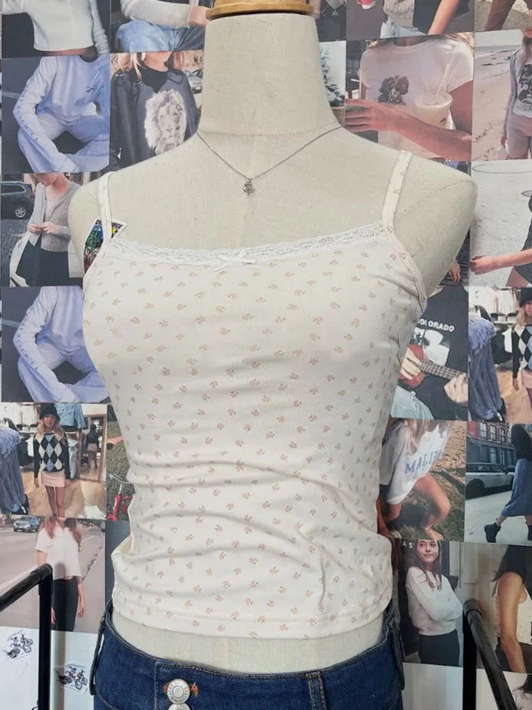 Znbbw Floral Print Lace Tank Tops Women Y2k Fairycore Cute Beige Cotton Sleeveless Camis Vests Casual Vintage Sweet Slim Crop Top