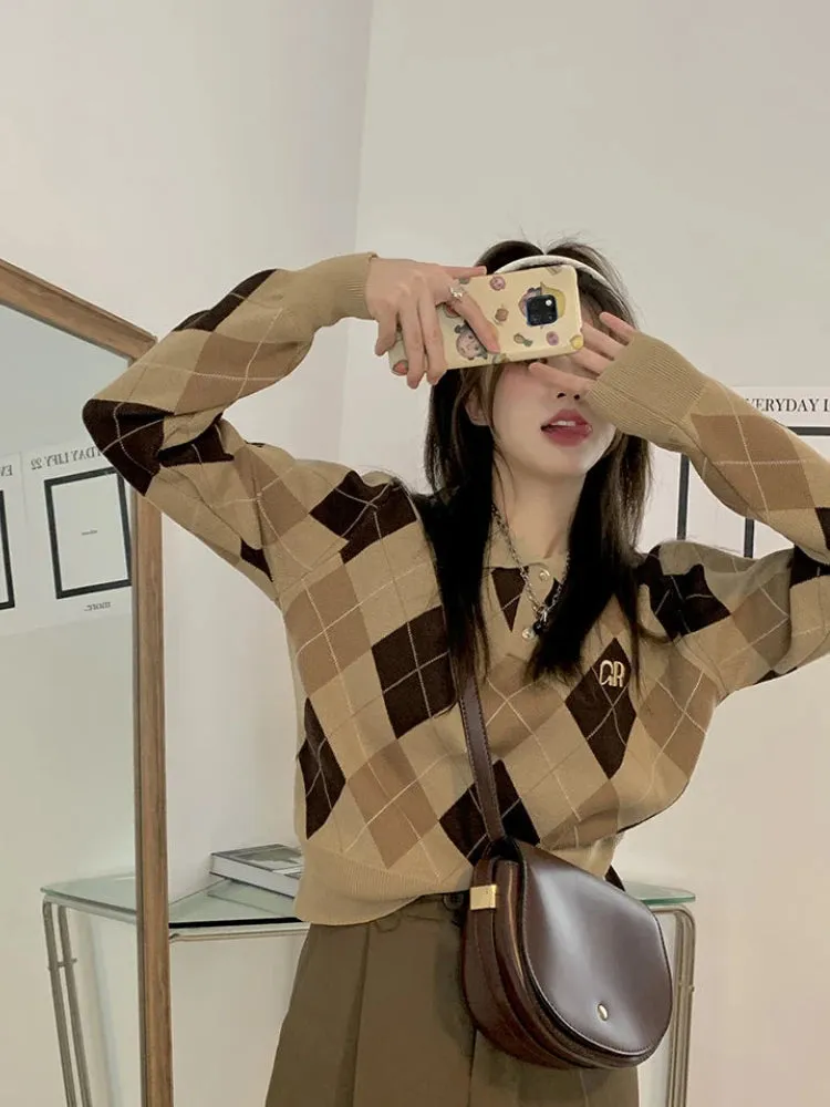 Znbbw Contrast Color Crop Tops Argyle Plaid Turn Down Collar Knitted Pullovers Autumn Winter 2024 Korean Fashion Sweaters