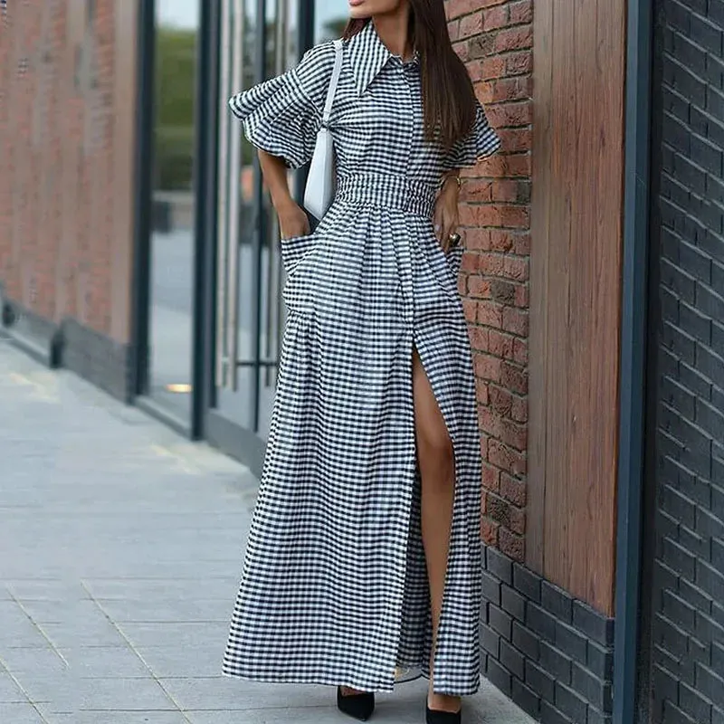 Znbbw Women Maxi Dress Summer Fashion Casual Lapel Puff Sleeve Lace Up Nipped Waist Print Beach Holiday Dresses High Streetwear