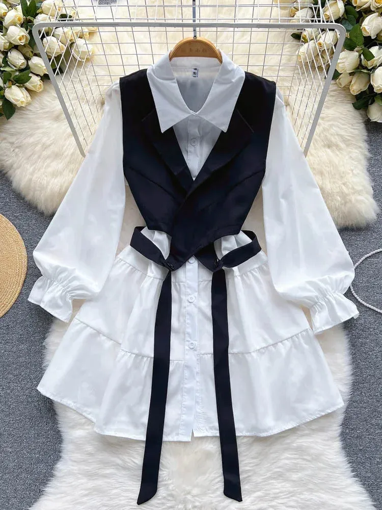 Znbbw Autumnt New Fashion Casual Suit Female Korean Loose White Shirt Short Vest Slim Girl Two-piece Set Tops Y016