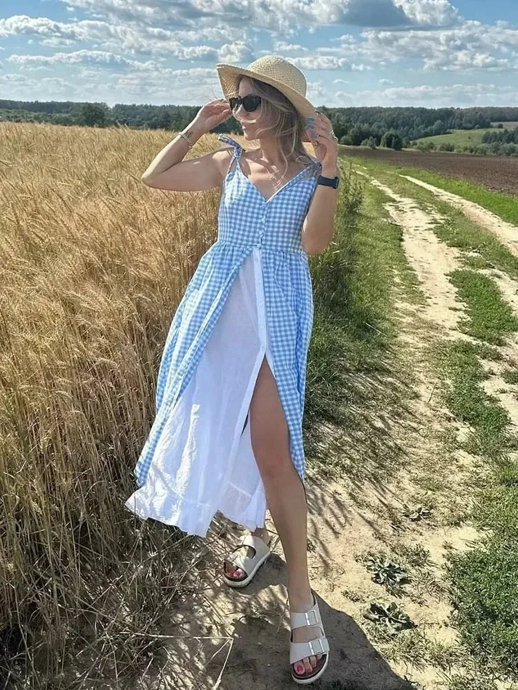 Znbbw Single Breasted Plaid Blue Summer Women Dress Spaghetti Strap Midi Casual Female Vestidos 2024 Cotton Slip Dress New
