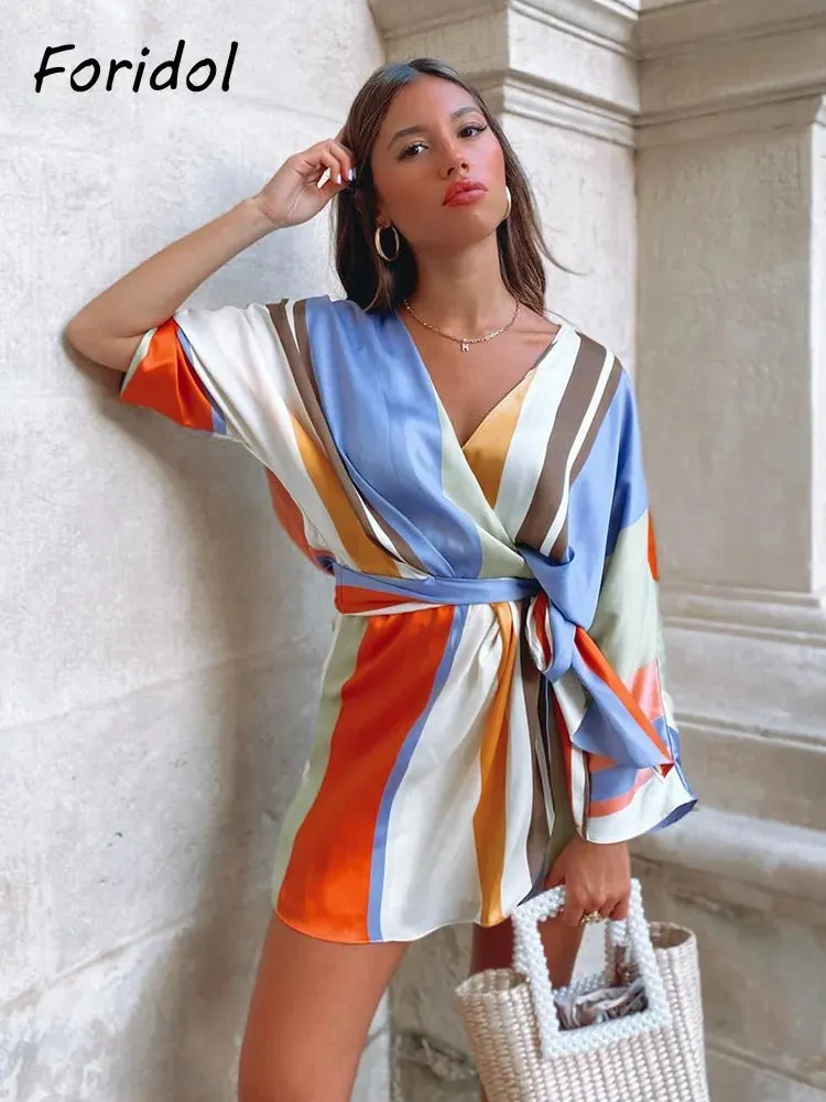 Znbbw V Neck Stripe Casual Satin Romper Women Batwing Sleeve Wide Leg Fashion Playsuits Overalls Bowknot Loose Rompers 2024