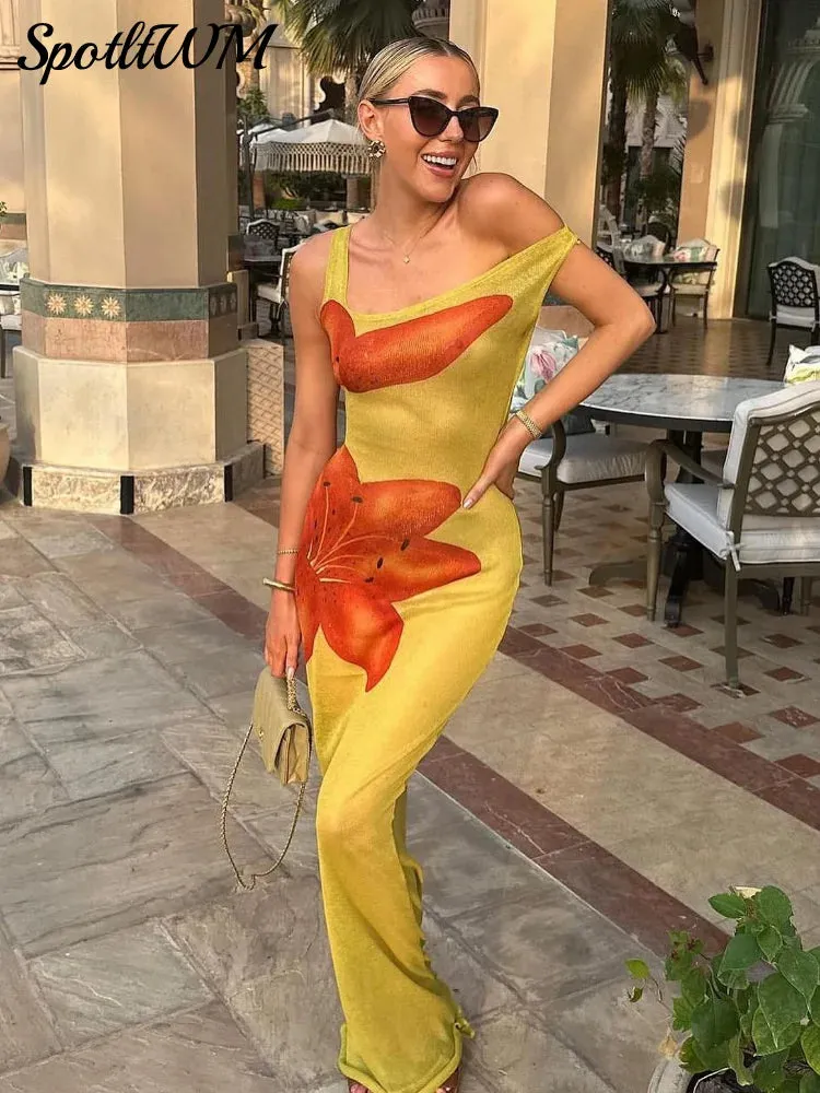 Znbbw Printed See Through Sleeveless Dress Women Fashion Diagonal Collar Long Robes 2024 Summer Female Beach Holiday Dresses