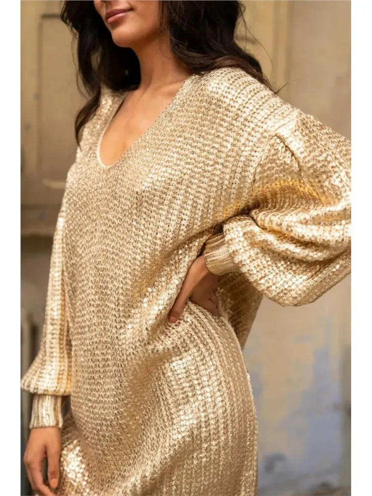 Znbbw Gold Sequin Mini Dresses For Women Sexy V-neck Lantern Sleeve Chic Robe Female Elegant Holiday Evening Party Vestidos