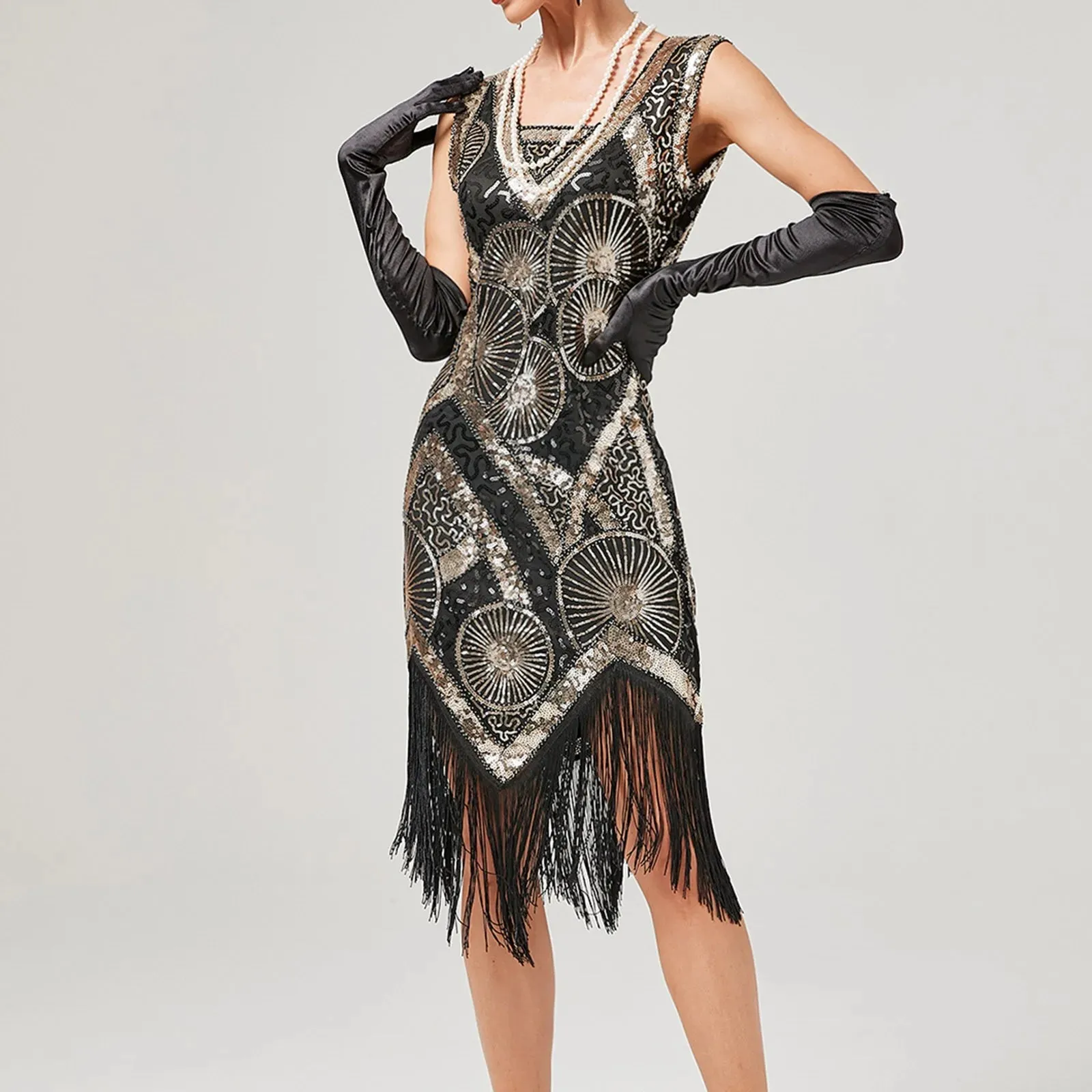 Znbbw Sequin Beaded Art Deco Flapper Dresses 20s Great Gatsby Party Fringe Dress V-Neck Sleeveless Embroidery Midi Dress