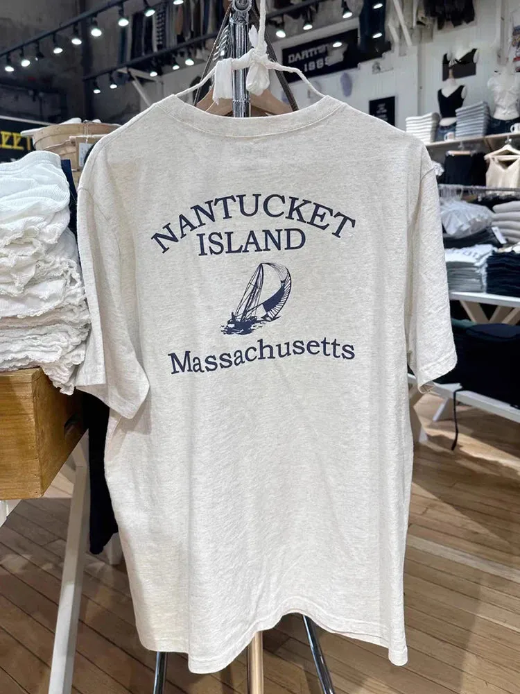 Znbbw Sailboat Print Loose T-shirts Women Streetwear Gray O Neck Cotton Casual Short Sleeve Tees Summer Vintage Oversize Tops