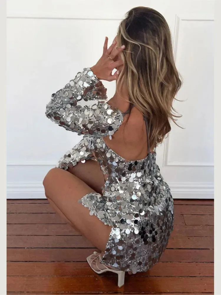 Znbbw Square Neck Long Sleeve Sequins Dress Women Fashion High Waist Bodycon Mini Dresses Sexy Evening Party Prom Vestidos
