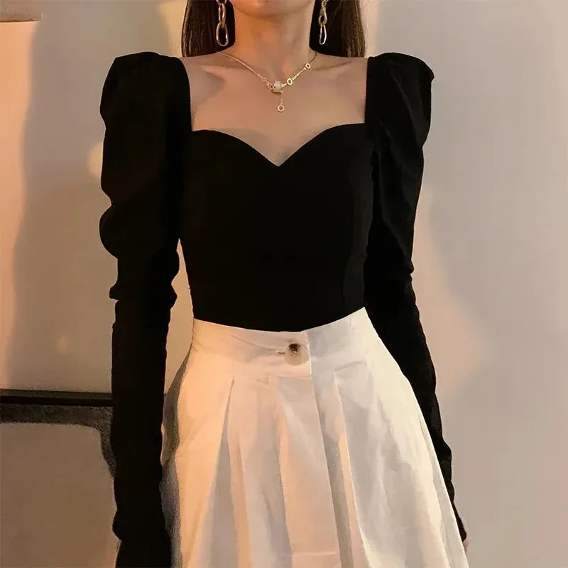 Znbbw Elegant Shirts Women Puff Sleeve Square Collar Blouses Office Lady Korean Autumn Black Chic Slim Casual All Match Tops