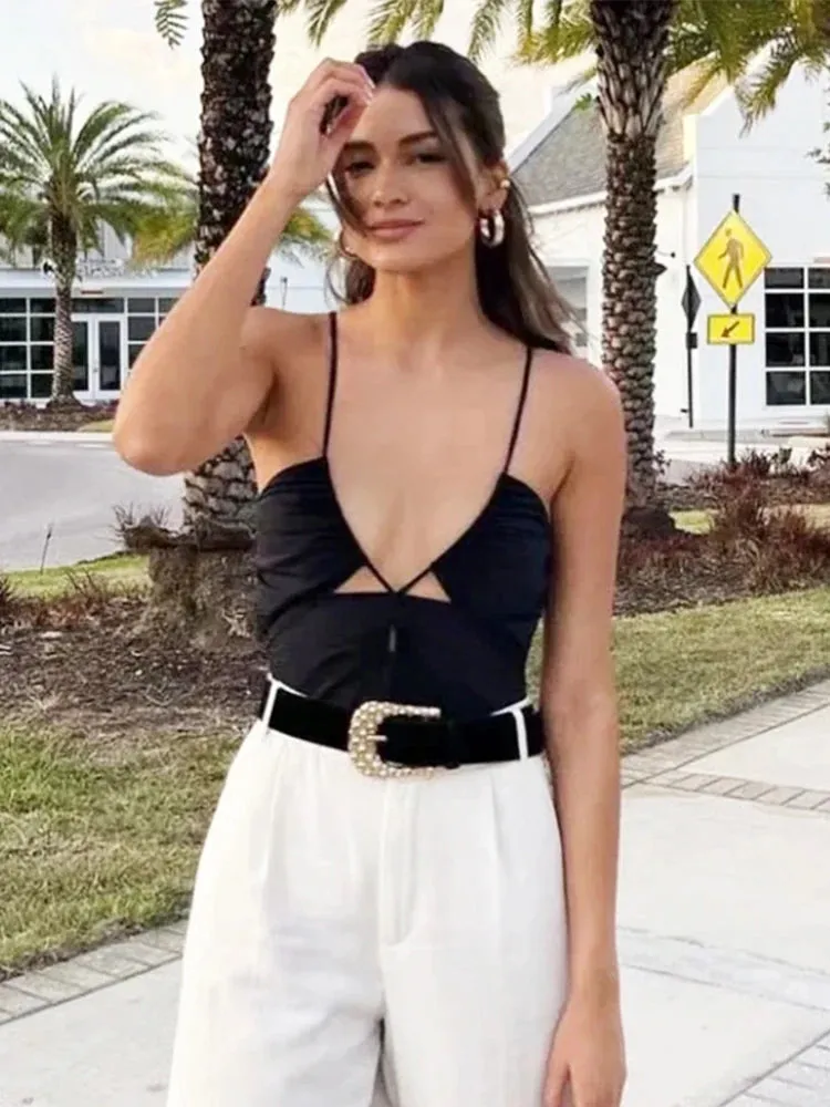 Znbbw Deep V Neck Tie Up Halter Sexy Black Bodysuit Swimwear One Piece Bodycon Skinny Sleeveless Summer Bodysuit