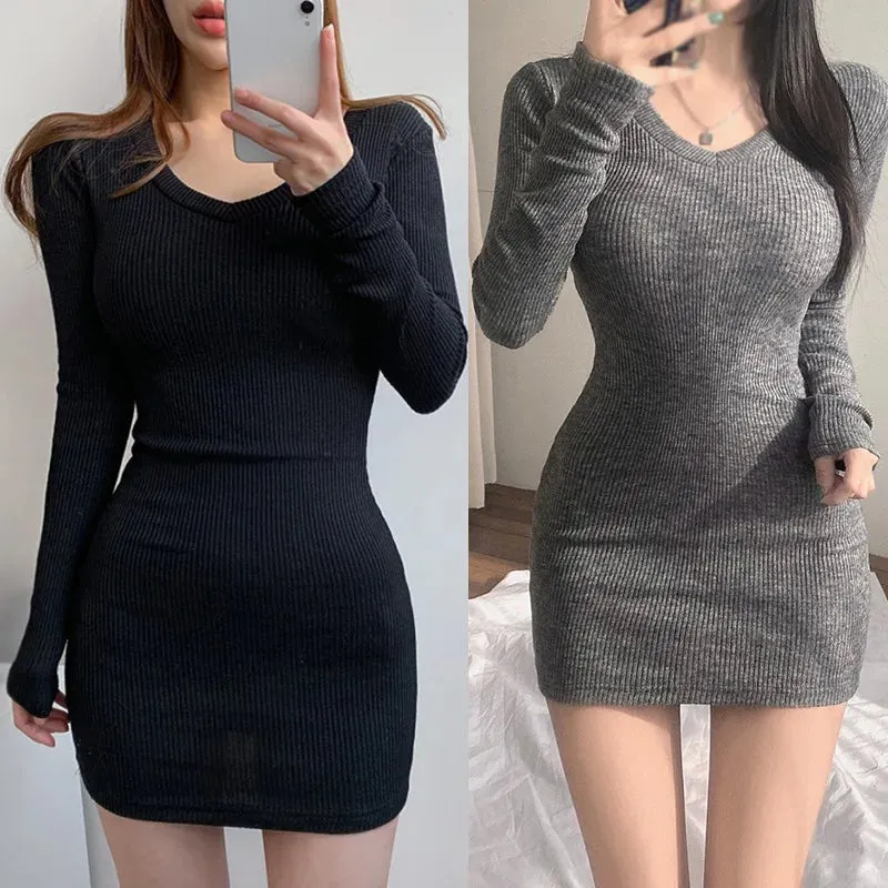 Znbbw Autumn/Winter Dress Solid V-neck Slim Fit Sexy Wrap Hip Elastic Long Sleeve Dress