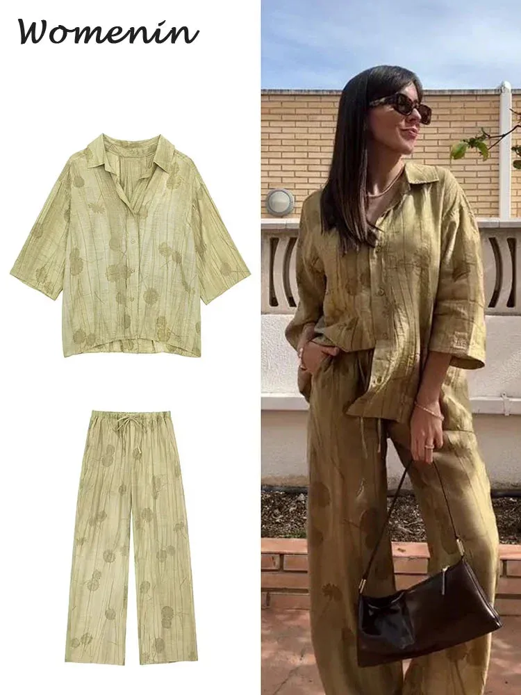 Znbbw Print Women Pants Sets Lapel Half Sleeve Single Breasted Shirt Drawstring Wide Leg Pant Female 2024 Spring Loose Outfit