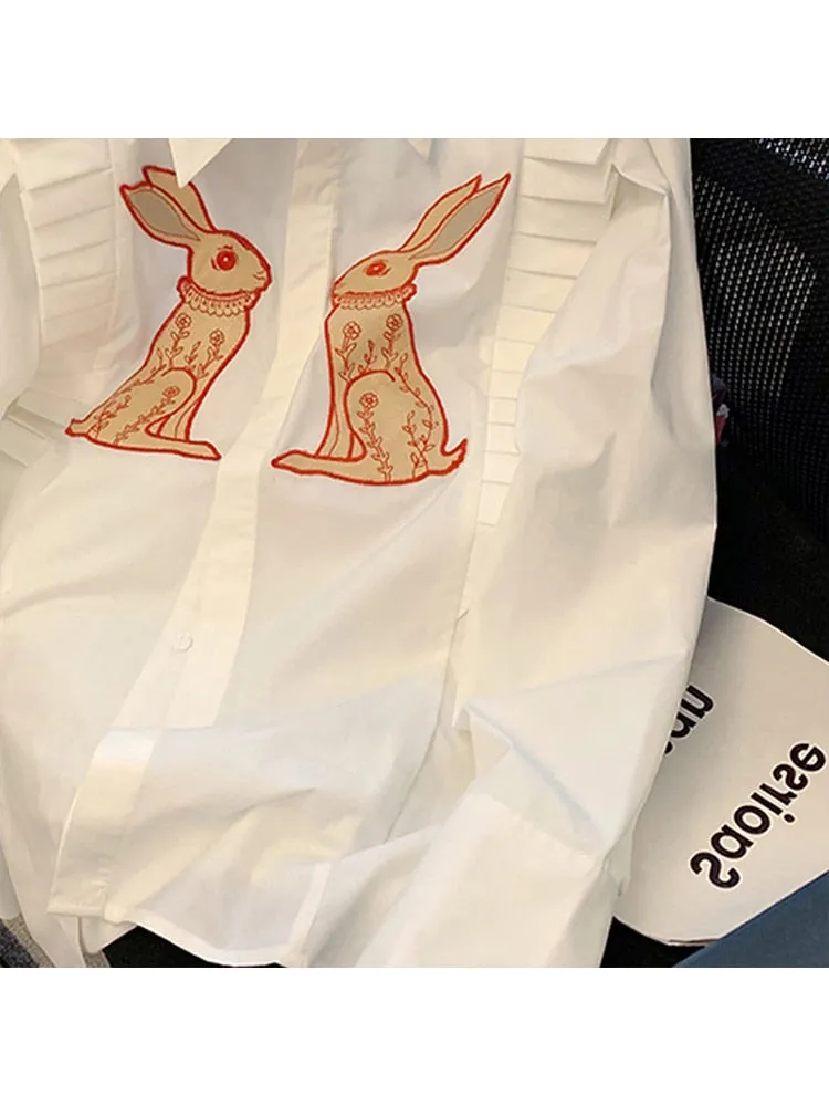 znbbw Women Vintage Rabbit Printed Shirt Single Breasted Streetwear Sweet Chic Fashion Oversized Loose Female Lovely Blouses Tops