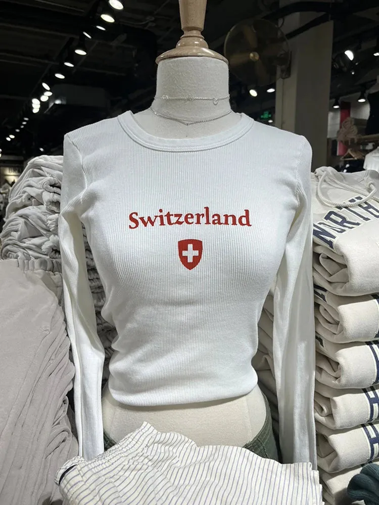 Znbbw Print Ribbed Cotton T Shirt Women Summer White Slim Round Neck Long Sleeve Tees Female Vintage Streetwear Y2k Tops 2024