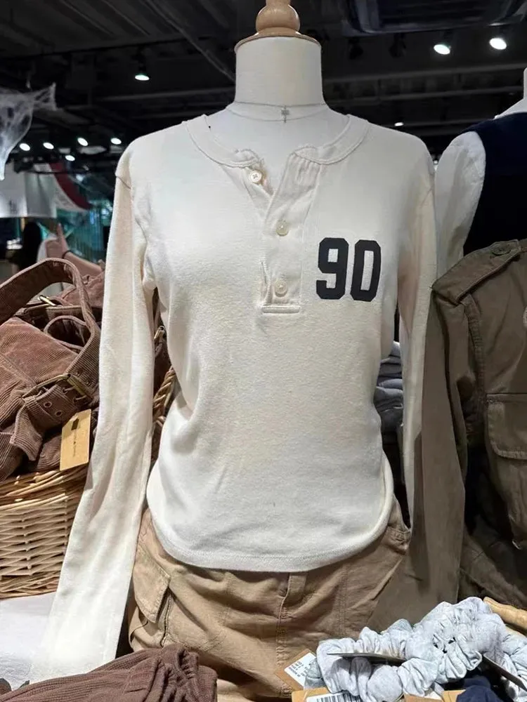 Znbbw Print Beige Long Sleeve T Shirt Women Autumn Cotton O-Neck Three Buttons T-shirts Vintage Streetwear Slim Tees Y2k Tops