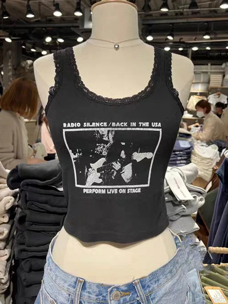 Znbbw Rock Band Print Tank Tops Women Casual Sweet Lace Patchwork Cotton Sleeveless Vests Y2k Streetwear Summer Slim Crop Top