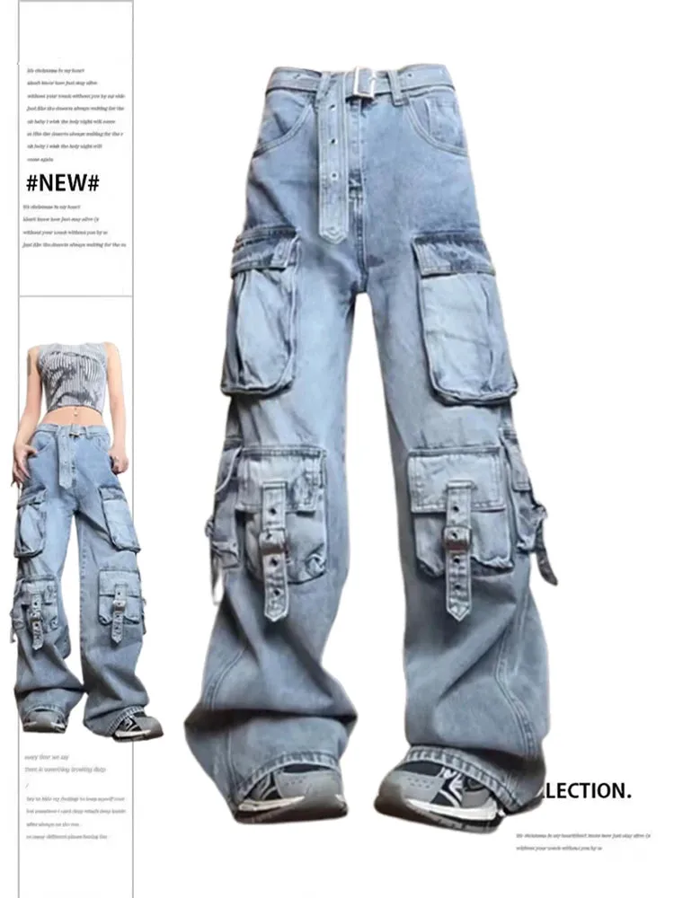 Znbbw Women Blue Cargo Jeans Vintage Y2k 90s Aesthetic Baggy Denim Trouser Harajuku High Waist Wide Cowboy Pants Trashy 2000s Clothes