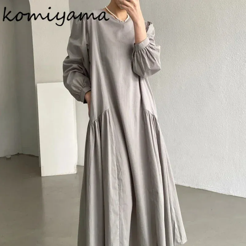 Znbbw Korean Fashion Ruched Design Women Dress Round Neck Long Sleeve Robe Femme Spring High Waist Big Swing Dresses