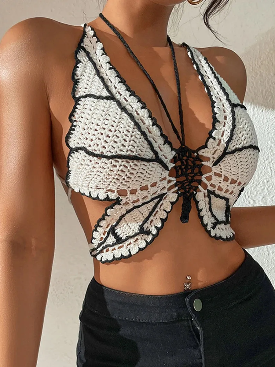 Znbbw Women Bikini Tops Contrast Color Sleeveless Bandage Backless Knit Crochet Butterfly Swimsuits Tops Beachwear new