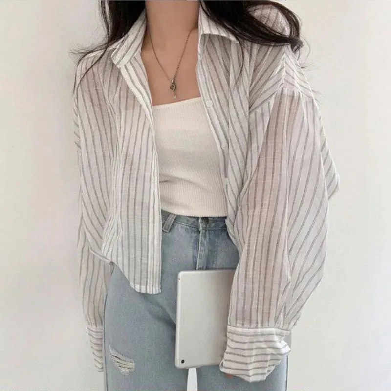 Znbbw Chiffon Long Sleeve Crop Shirt Woman Korean Chic Office Lady Button Blouse Summer Thin All-Match Lapel Sun Protection Top