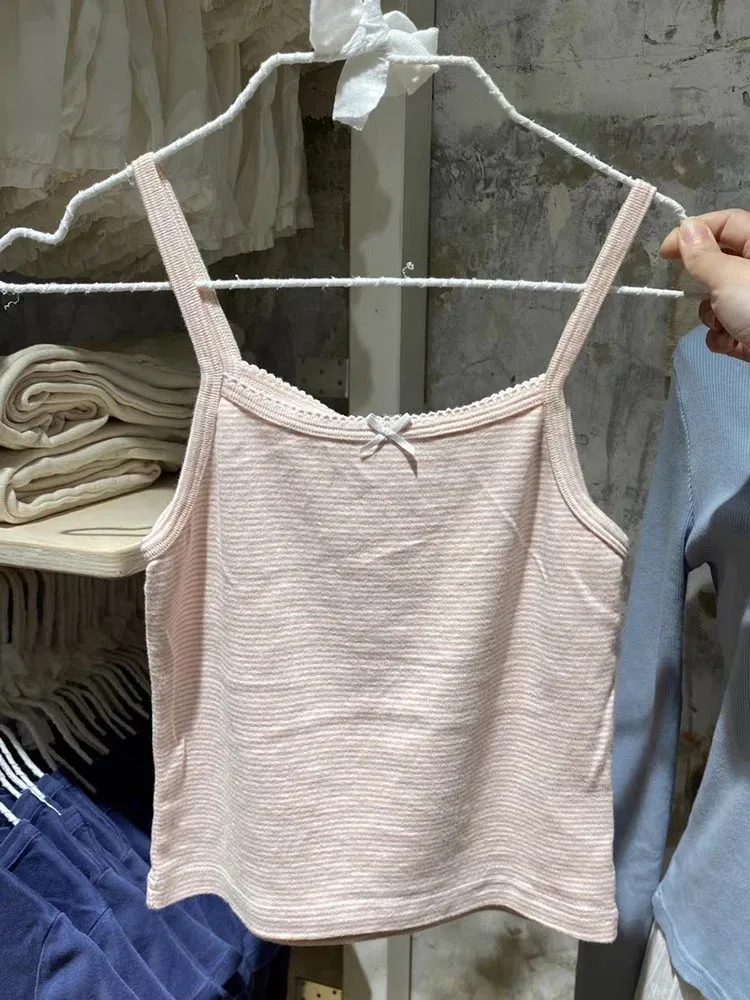 Znbbw Pink Striped Bow Tank Tops Sweet Lace Trim Sleeveless Cotton Summer Y2k Clothes Women Casual Vintage Cute Slim Crop Top