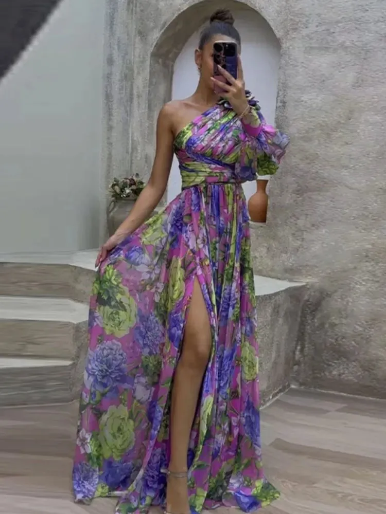 Znbbw Pleated Flower Print Dress Women Fashion One Shoulder Sleeve Waisted Long Robes Vestidos 2023 Lady Evening Party Dress