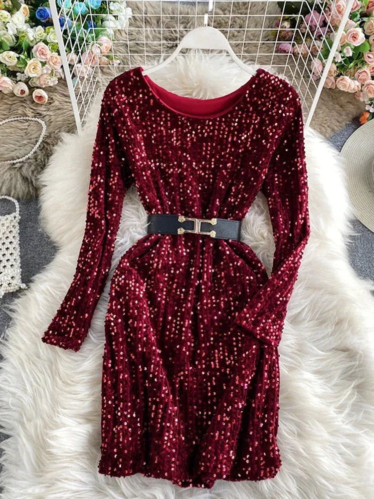 Znbbw Winter New Temperament Fashion Women's Sequined Round Neck Tie Waist Thin Sexy Bag Hip Nightclub Dance Dress UK749