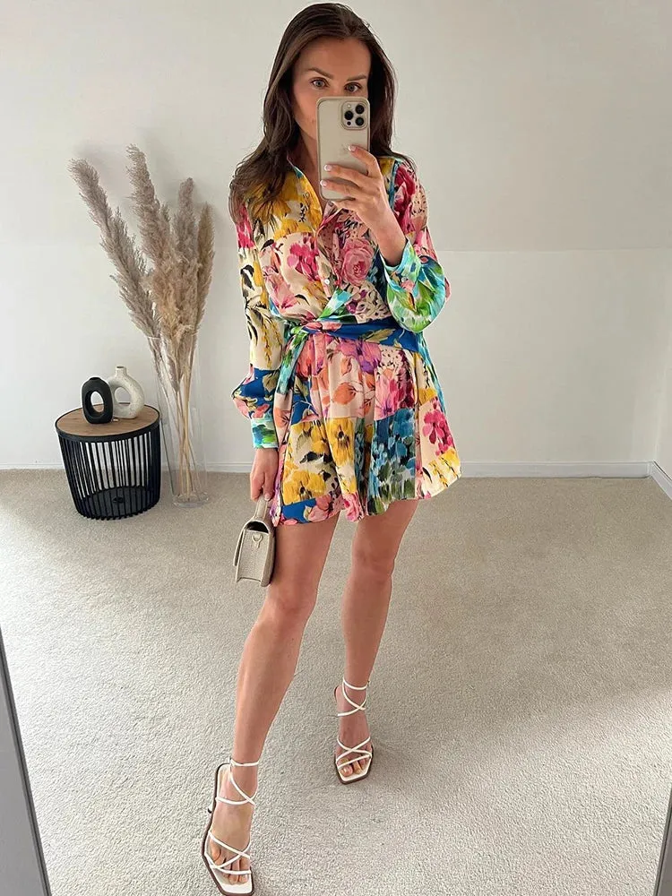 Znbbw Floral Boho Tie Dyed Summer Long Sleeve Romper Playsuit Overall Beach Button Shirt Spring Wide Leg Romper Jumpsuit