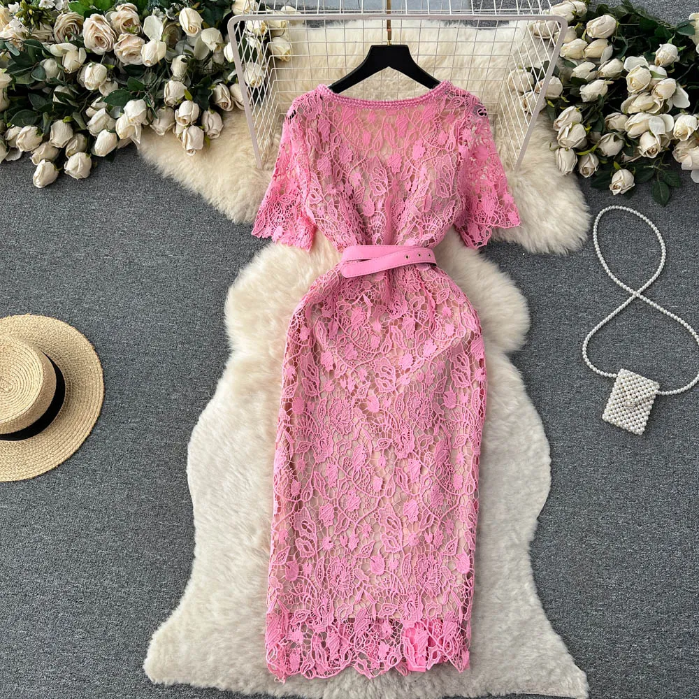 Znbbw Hollow Crochet Lace Dress Summer Party Women Embroidery Luxury Designer Pink Midi Holiday Vestidos De Fiesta N6868