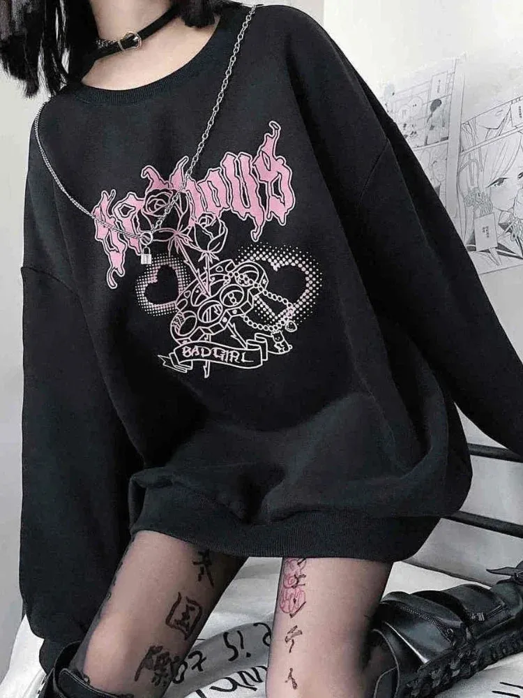 Znbbw Letter Print Sweatshirts Fleece Warm Thicken Chain Casual Loose Tops Autumn Winter 2024 Y2k Punk Harajuku Gothic Sudaderas