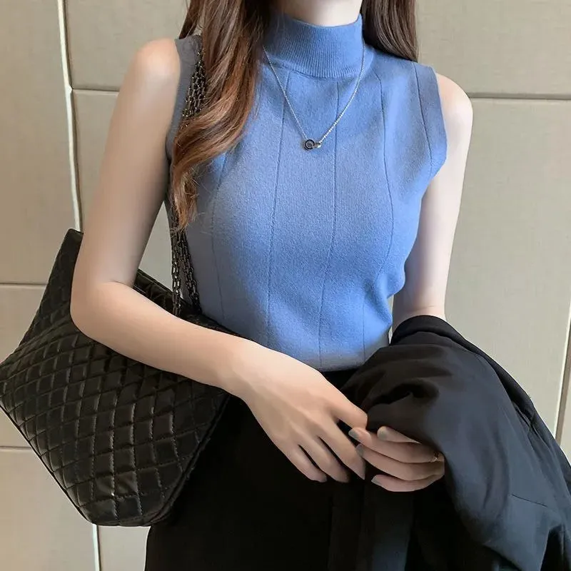 Znbbw New Korean Fashion Half Turtleneck Ladies Tops Women Tops Casual Clothes Sleeveless Solid Women Blouse Knit Elastic