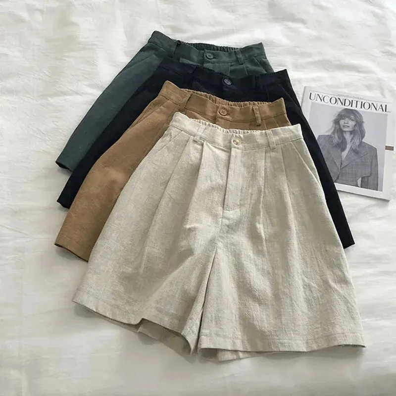 Znbbw Waist Cotton Linen Wide Leg Shorts Women Summer Solid Loose Simple Pants Korean Lady Baggy Casual Knee Length Shorts New