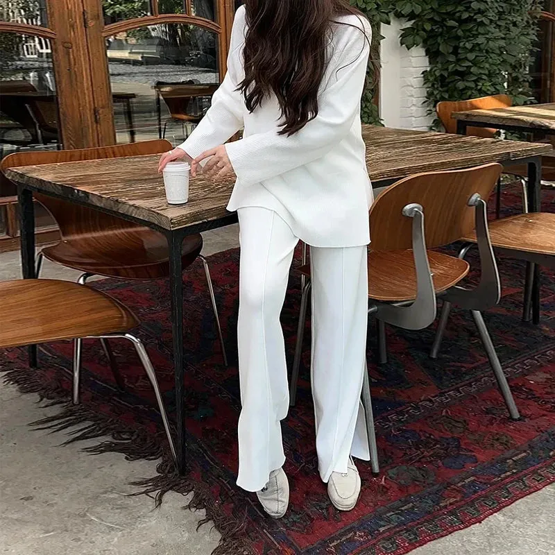 Znbbw Women Two Piece Set Autumn Fashion Commuting Solid V Neck Zipper Long Sleeves Pants Sets High Streetwear