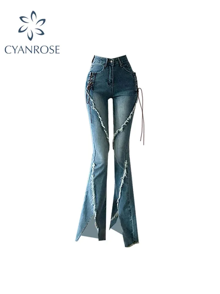 Znbbw Flare Jeans Vintage Low Waisted Split Trousers Aesthetic Streetwear Casual Cargo Pants Women Korean Style Distressed Jean
