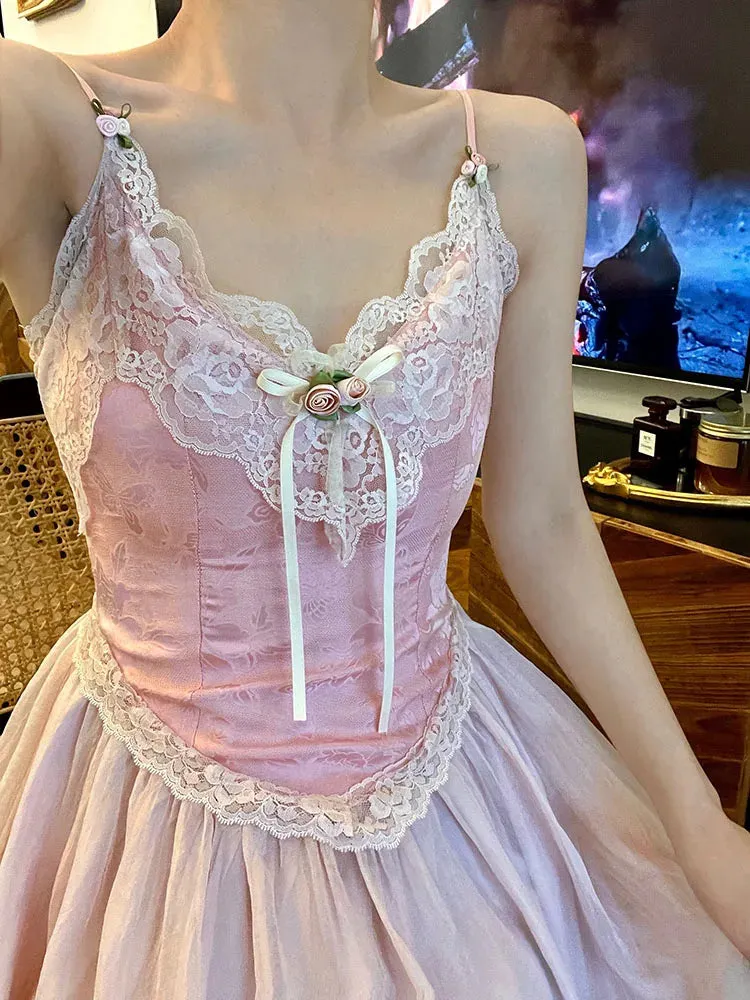 Znbbw Vintage Elegant Strap Dress Women Lace France Sexy Evening Party Long Dresses Pink Sweet Princess Fairy Dress Summer 2024