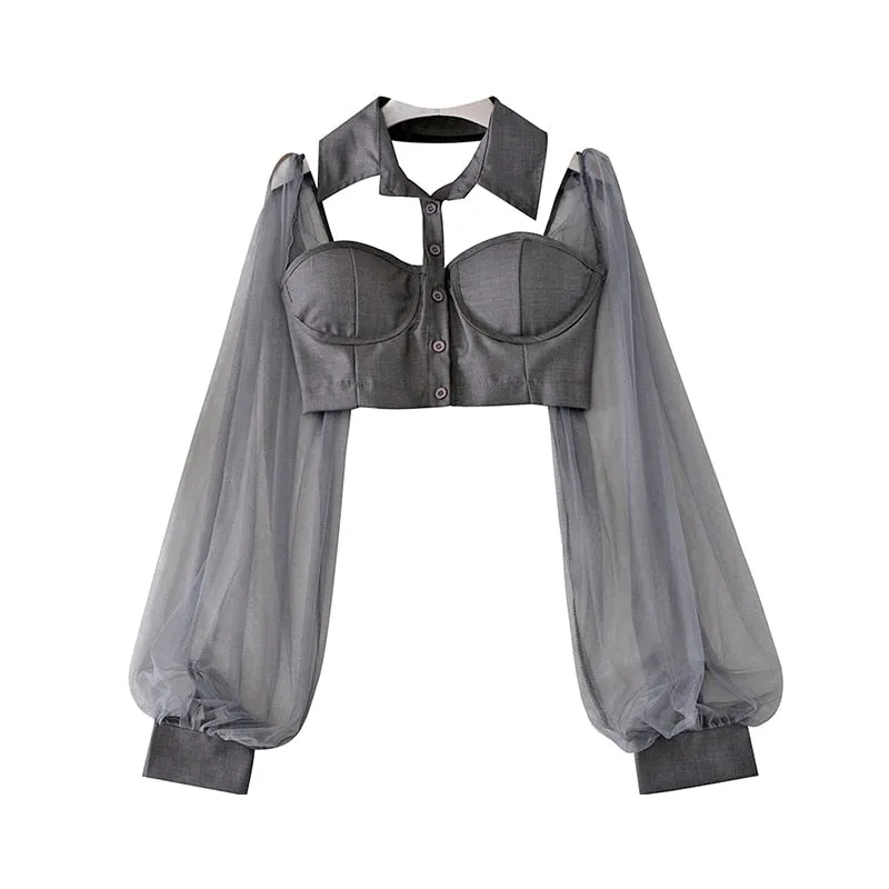 znbbw Turn Down Collar Open Mesh Panel Halter-Neck Cropped Blouse Off-the-shoulder see-through Mesh Top Sun Protection Clothing